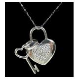 Sterling silver heart shape padlock and  key