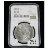 1884-O Morgan dollar, NGC slab certified MS-63