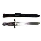 Ross Bayonet with leather sheath, handle marked