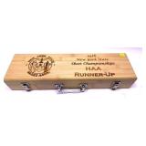 Grill Tool set in custom wooden case marked "