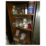 BOOKSHELF W/ CONTENTS AUTO LIGHTS, TINS, ETC