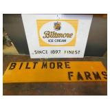 (2) METAL DECAL SIGNS AND WOODEN BILTMORE DAIRY