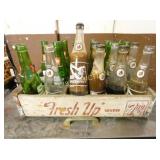 WOODEN 7UP CRATE W/ VARIOUS BOTTLES
