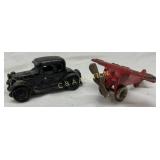 Two Cast Iron Toys: Black Coupe Car and Red Propel