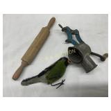 Rolling Pin, Grinder, and Bird Figurine Rolling Pin, Grinder, and Bird Figurine