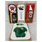 3 Texaco Themed Metal Thermometers and One Decorat