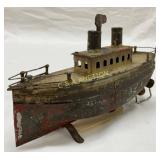 Tin Toy Boat with Dual Smoke Stacks and Hand-Paint