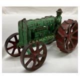 Green and Red Cast Iron Toy Tractor with Spoke Whe