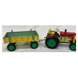Vintage Tin Lithograph Toy Tractor and Trailer by