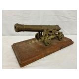 Brass Model Cannon on Wooden Display Base Brass Model Cannon on Wooden Display Base
