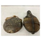 2 Early War-Era Metal and Leather Canteens 2 Early War-Era Metal and Leather Canteens