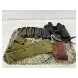 4 WWII Items: Binoculars, Ammo Pouch, Green Web Be 4 WWII Items: Binoculars, Ammo Pouch, Green Web Be