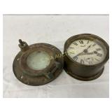 Two Early Brass Items: Clock and Porthole, 8in and Two Early Brass Items: Clock and Porthole, 8in and