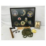 7 WW2 Era Items Including Framed Insignias, Axe, M 7 WW2 Era Items Including Framed Insignias, Axe, M