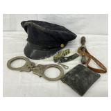 Early U.S. Police Hat, Handcuffs, Leather Wallet, Early U.S. Police Hat, Handcuffs, Leather Wallet,