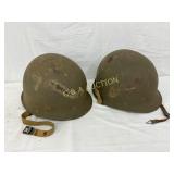 Two U.S. WWII M1 Helmets with Liners Two U.S. WWII M1 Helmets with Liners