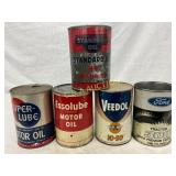 5 One Quart Vintage Motor Oil Cans Including Stand 5 One Quart Vintage Motor Oil Cans Including Stand