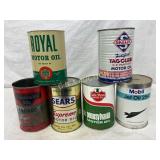 Six One-Quart Motor Oil Cans Featuring Various Bra Six One-Quart Motor Oil Cans Featuring Various Bra