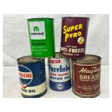 5 One-Quart Vintage Automotive Cans Featuring Oil, 5 One-Quart Vintage Automotive Cans Featuring Oil,