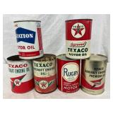 Six Vintage One-Quart Oil Cans Featuring Texaco, R Six Vintage One-Quart Oil Cans Featuring Texaco, R