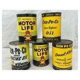 5 One Quart Oil Cans, Including Motor Life and Cen 5 One Quart Oil Cans, Including Motor Life and Cen