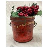Red Metal Bucket with Holiday Decoration, 5in by 4 Red Metal Bucket with Holiday Decoration, 5in by 4