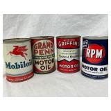 4 One-Quart Motor Oil Cans: Mobiloil, Grand Penn, 4 One-Quart Motor Oil Cans: Mobiloil, Grand Penn,