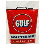 Gulf Supreme Motor Oil Tin Can, 2 Gallon, Red and Gulf Supreme Motor Oil Tin Can, 2 Gallon, Red and
