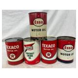 5 Vintage One-Quart Motor Oil Cans, Texaco and Ess 5 Vintage One-Quart Motor Oil Cans, Texaco and Ess