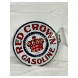 14in. Porc. Red Crown Gasoline Flange Sign with Ad