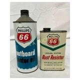 Two Phillips 66 Cans: Outboard Motor Oil Quart and