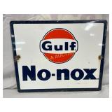 Gulf No-Nox Porcelain Pump Plate Sign, 11 1/2 in x