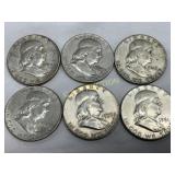 6 Pre-1964 90% Silver Franklin Half Dollars (1948-