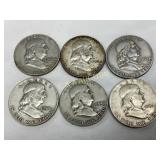 6 Pre-1964 90% Silver Franklin Half Dollars (1952-
