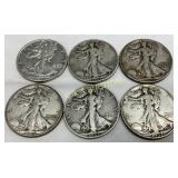 6 Walking Liberty Silver Half Dollars, 1937-1944