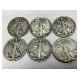 6 Pre-1964 90% Silver Walking Liberty Half Dollars