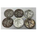 6 U.S. 1935-1943 Silver Walking Liberty Half Dolla