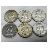 6 Pre-1964 90% Silver Franklin Half Dollars (1949-
