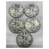 Five 90% Silver Walking Liberty Half Dollars (1943