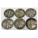 6 Silver Walking Liberty Half Dollars (1936-1945)