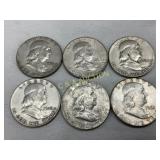 Six Silver Franklin Half Dollars (19491963)