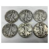 6 Pre-1964 90% Silver Walking Liberty Half Dollars