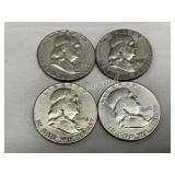 Four Pre-1964 90% Silver Franklin Half Dollars, 19