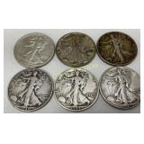 Six 1934-1943 Silver Walking Liberty Half Dollars