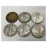 6 U.S. Silver Walking Liberty Half Dollars, 1939-1
