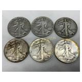 6 Pre-1964 90% Silver Walking Liberty Half Dollars