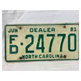 1981 North Carolina Dealer License Plate ï¿½FD-24770