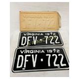 1972 Virginia License Plates ï¿½DFV-722ï¿½ with Origin
