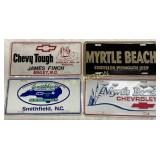 4 Embossed Metal Dealer Tags: Chevrolet, Chrysler,