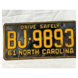 1961 North Carolina License Plate BJ-9893 with ï¿½Dr